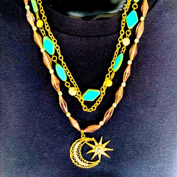 Gold tone metal chain necklace turquoise & brown beadings moon & star pendant - Picture 1 of 8